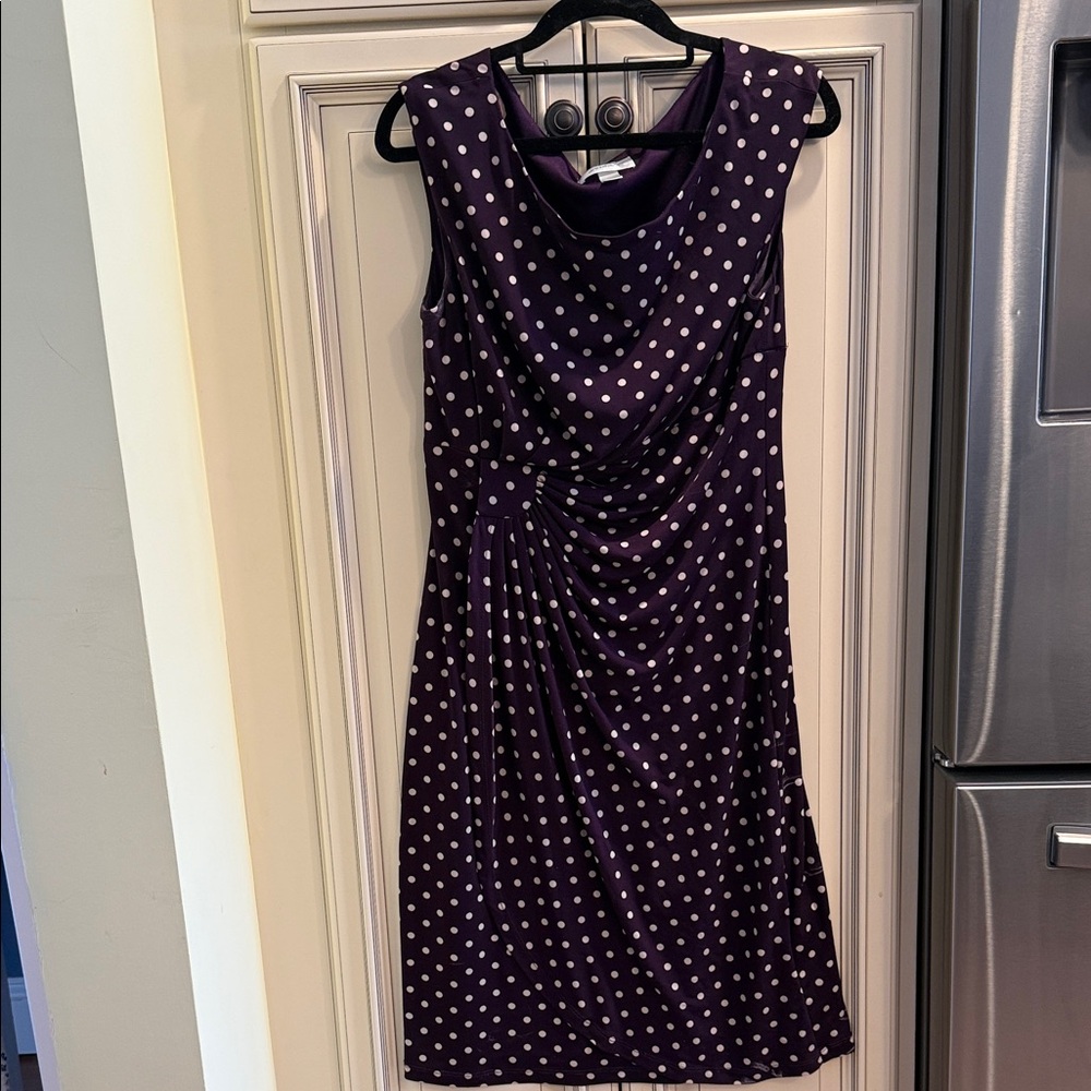 Dress Barn Purple and White Polka Dot Midi Dress Sz 10